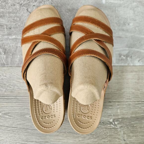 Crocs Women's A-Leigh Brown Leather Wedge Sandal Comfy Strappy Womens Size 11 - Picture 8 of 14